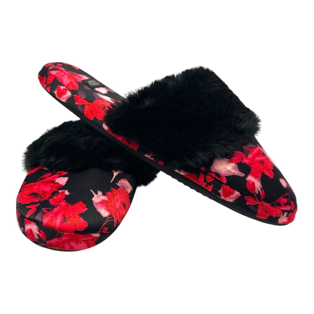 NWOT Victoria's Secret Floral Satin Faux Fur Trim Slippers Black Red Slides L